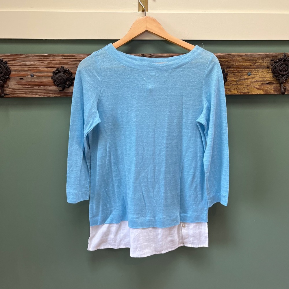 J. Jill Love Linen Blue Layered Hem 3/4 Sleeve Top XS KTP295231